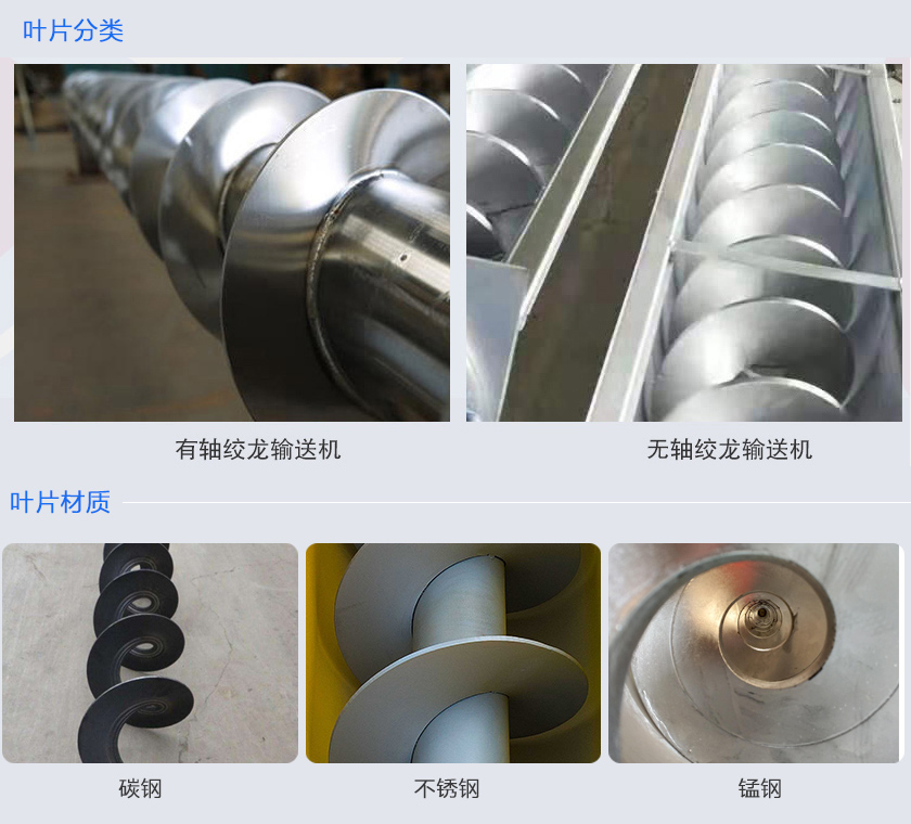 絞龍輸送機(jī)分為有軸和無軸絞龍輸送機(jī)，可根據(jù)物料不同選擇有碳鋼、不銹鋼、錳鋼等材質(zhì)。